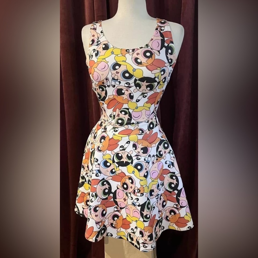 2 Piece Power Puff Girls Full Short Skirt & Sleeveless Crop Top Set Pockets
